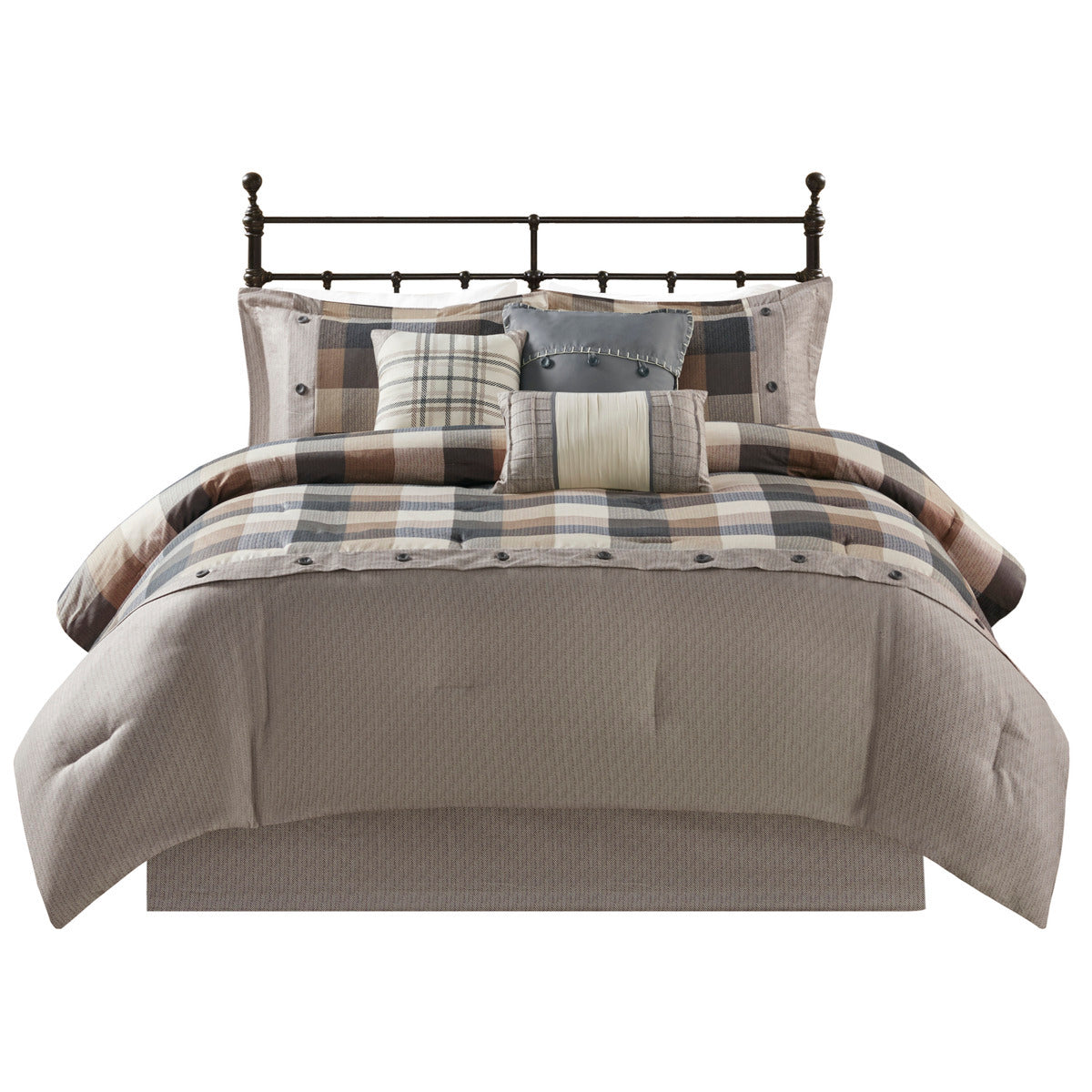 Herringbone Comforter Set with Buffalo Plaid - King, Neutral, 7 Piece