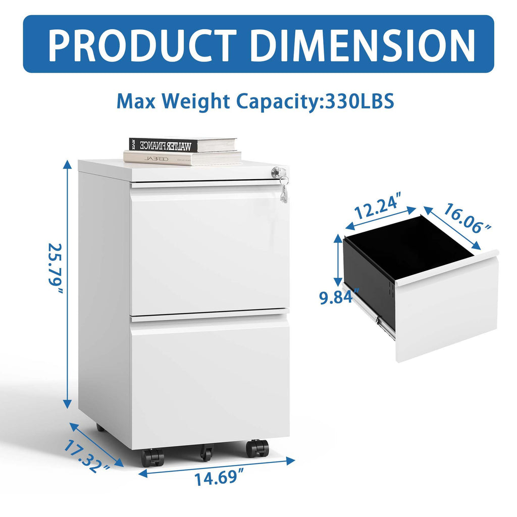Metal Drawer Mobile File Cabinet with Lock for Secure Organization - White or Black
