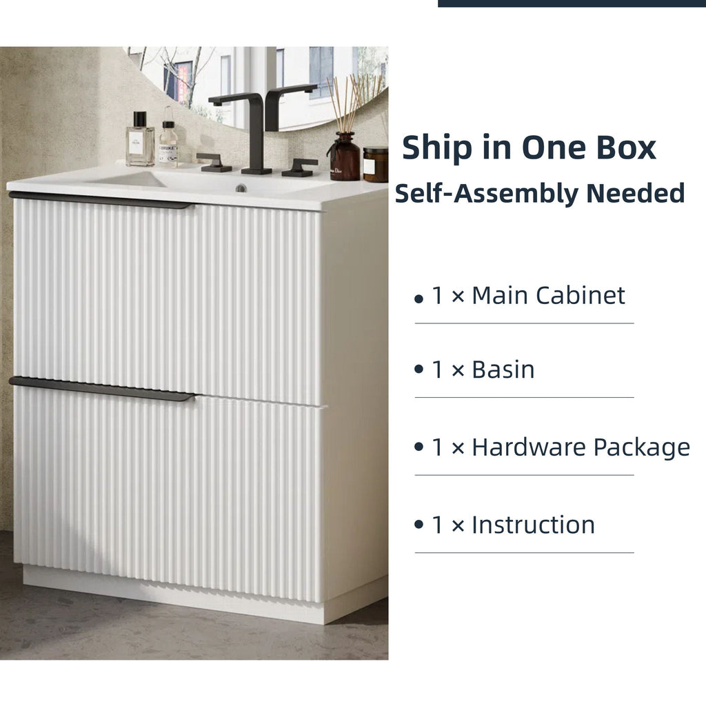 Fluted Bathroom Vanity with Ceramic Sink and Moisture-Proof Cabinet - 30" Wide