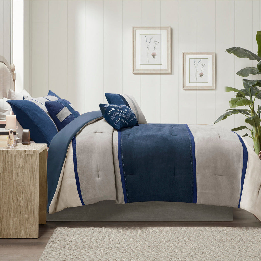 Blue Faux Suede 7 Piece Comforter Set with Hypoallergenic Fill - King