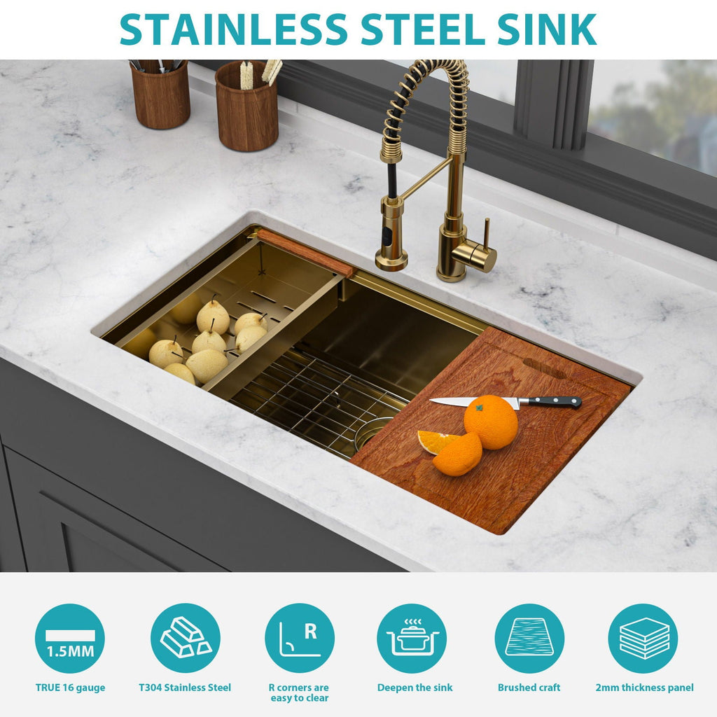 Stainless Steel Undermount Kitchen Sink with Workstation - Gold