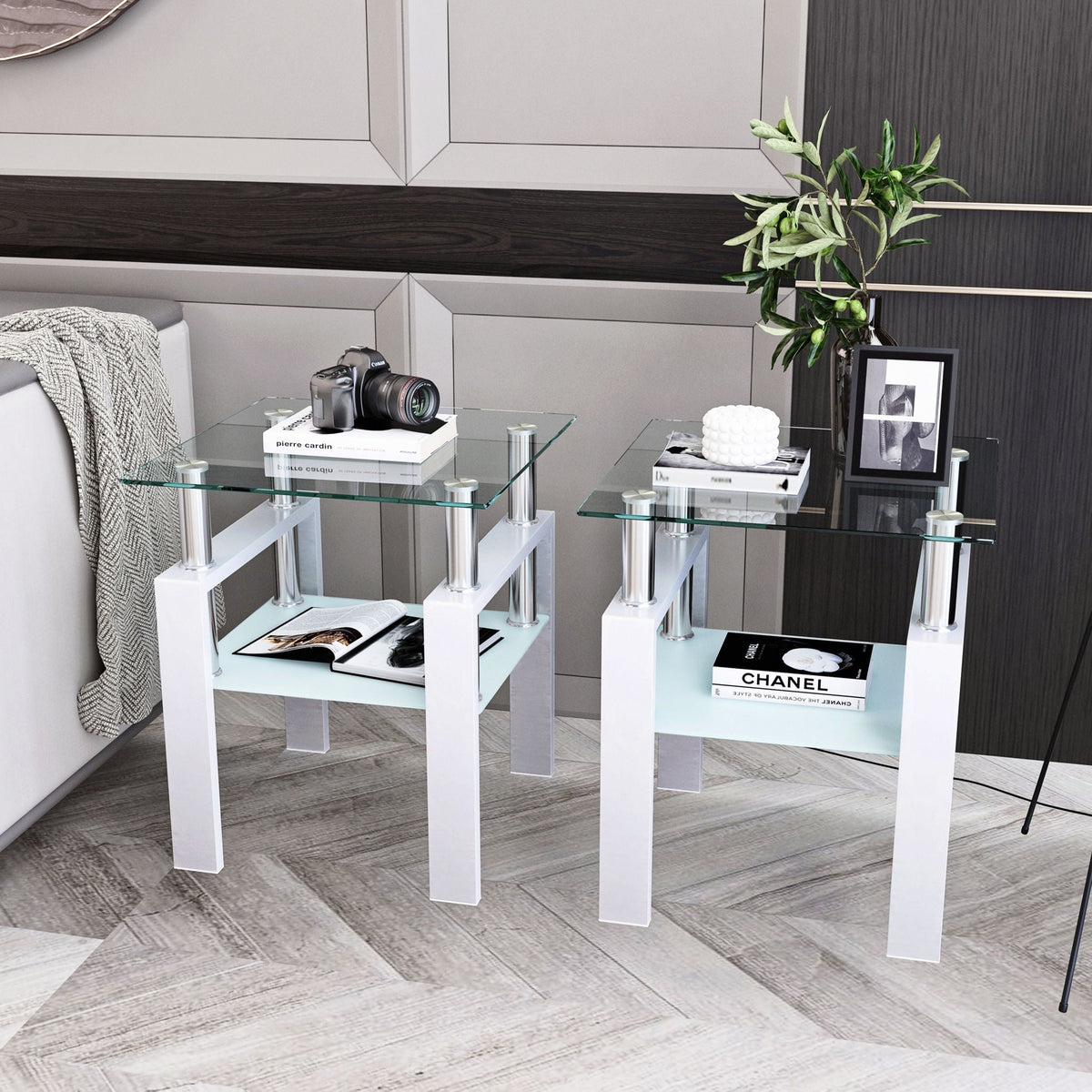 Modern Tempered Glass End Table with Metal Frame - Black or White
