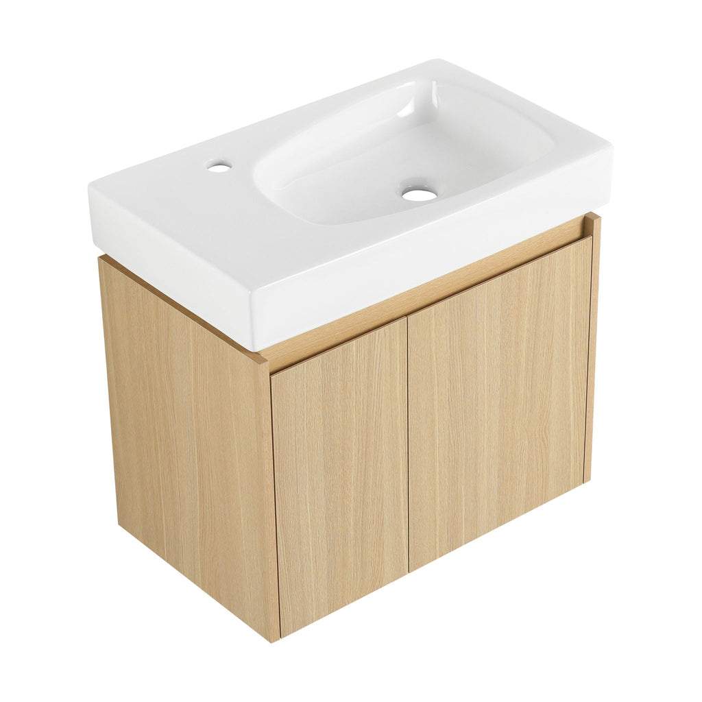 Modern Bathroom Vanity with Ceramic Basin and Storage Cabinet - Light Brown, Black, or White
