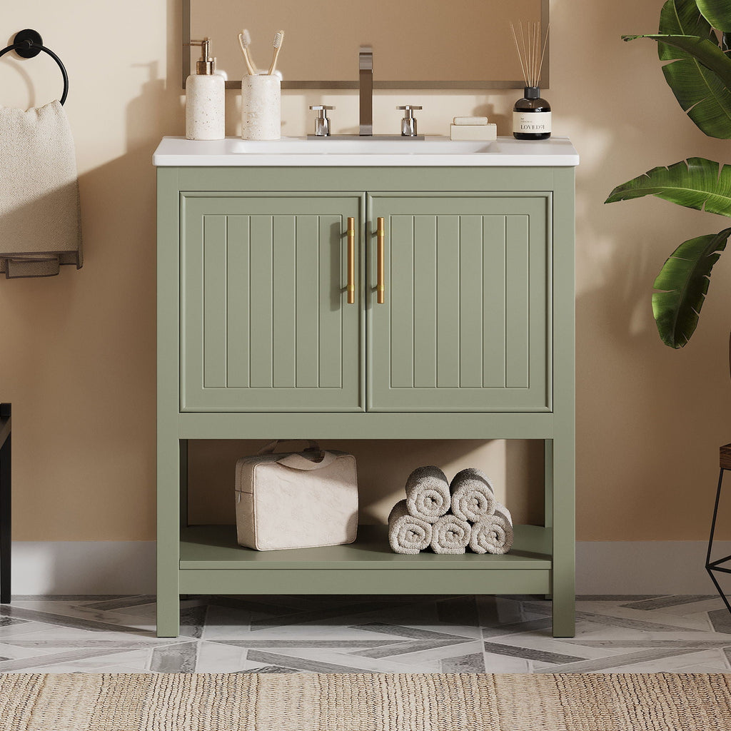 Elegant Bathroom Vanity with Ceramic Sink and Storage - White or Green