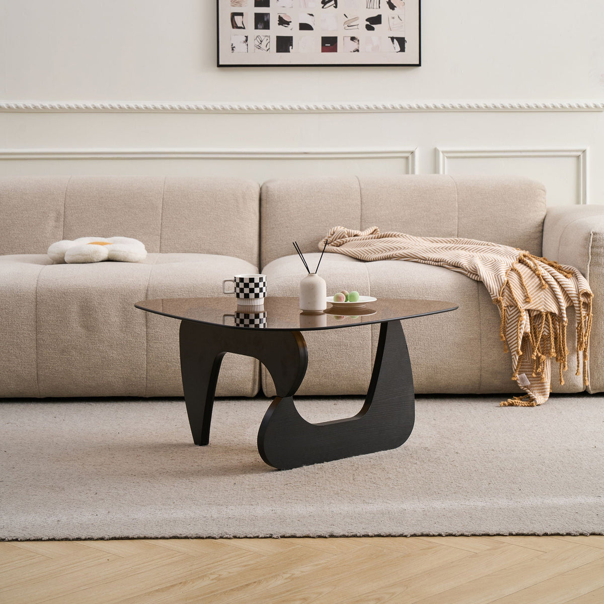 Modern Center Coffee Table with Tempered Glass Top - Light Brown, Black, Dark Brown
