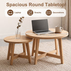 Round Nesting Coffee Tables Set of 2 with X-Cross Support - Natural Wood Finish