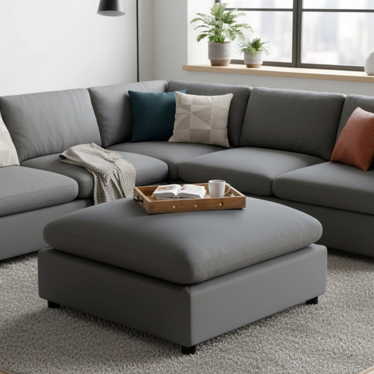 Caylie Upholstered Ottoman with Removable Covers - Beige or Dark Gray