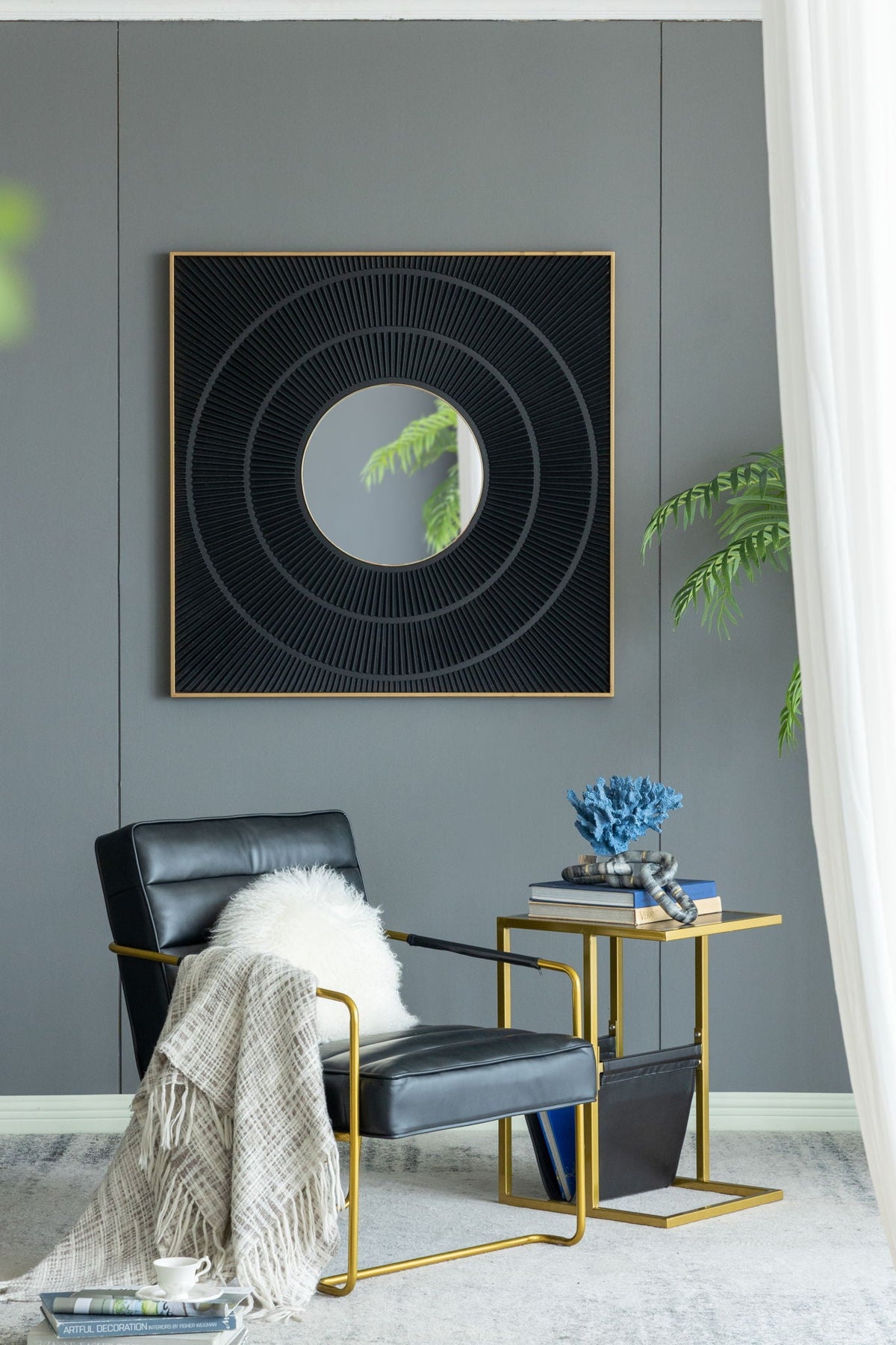Square Carved Mirror with Pleated Design and Iron Frame - Black or Dark Brown