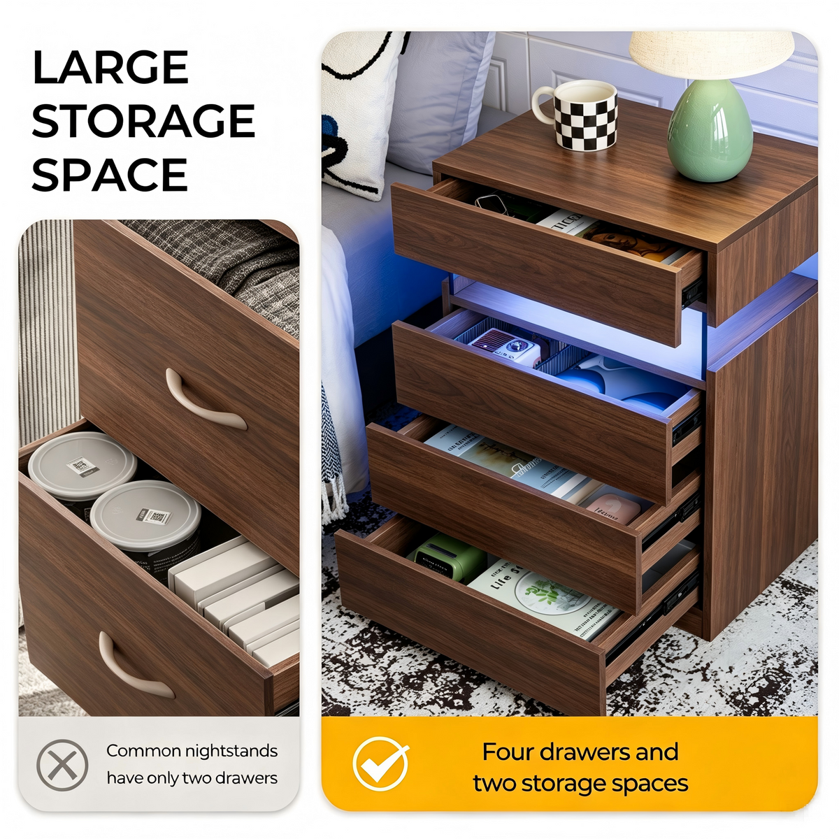 Modern Nightstand with LED Lights and 4 Drawers - White