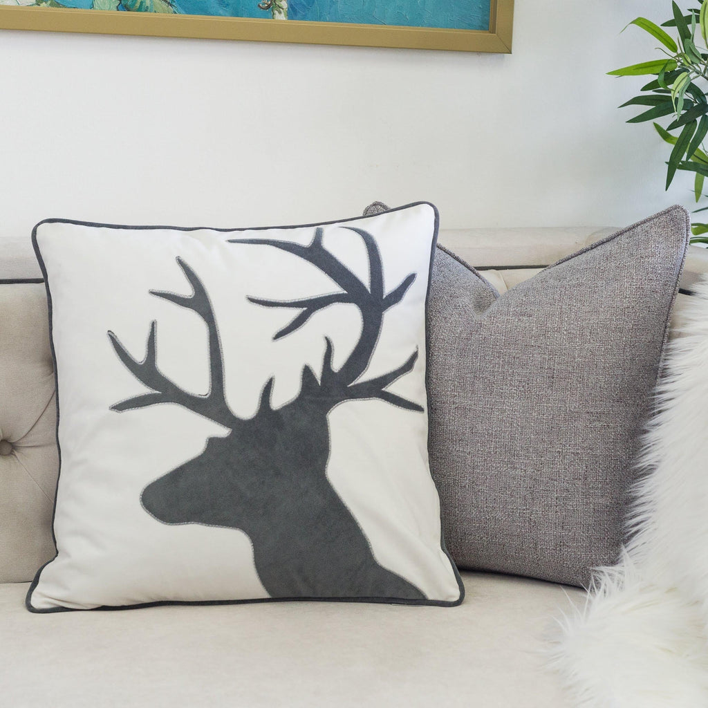 Holiday Reindeer Velvet Accent Pillow with Insert - White and Gray