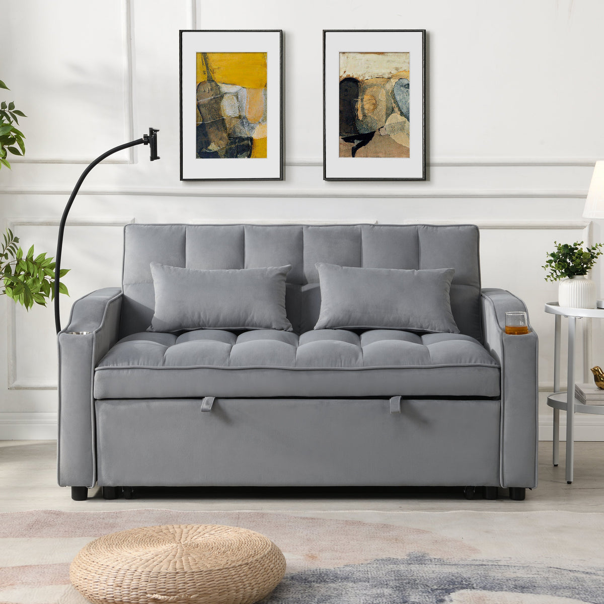 Modern Velvet Sleeper Loveseat with Pullout Bed and USB Ports - Light Gray