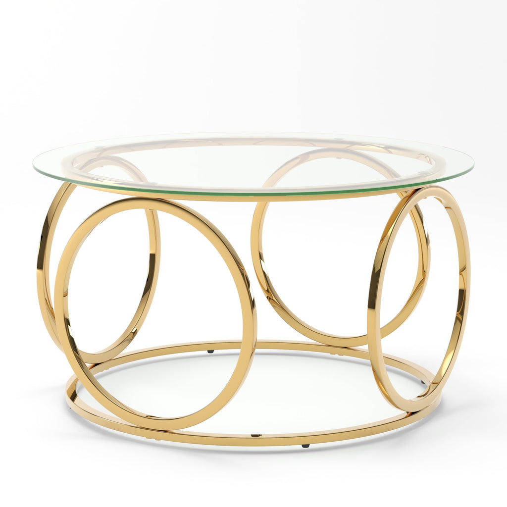 Modern Round Glass Top Coffee Table with Metal Frame - Gold