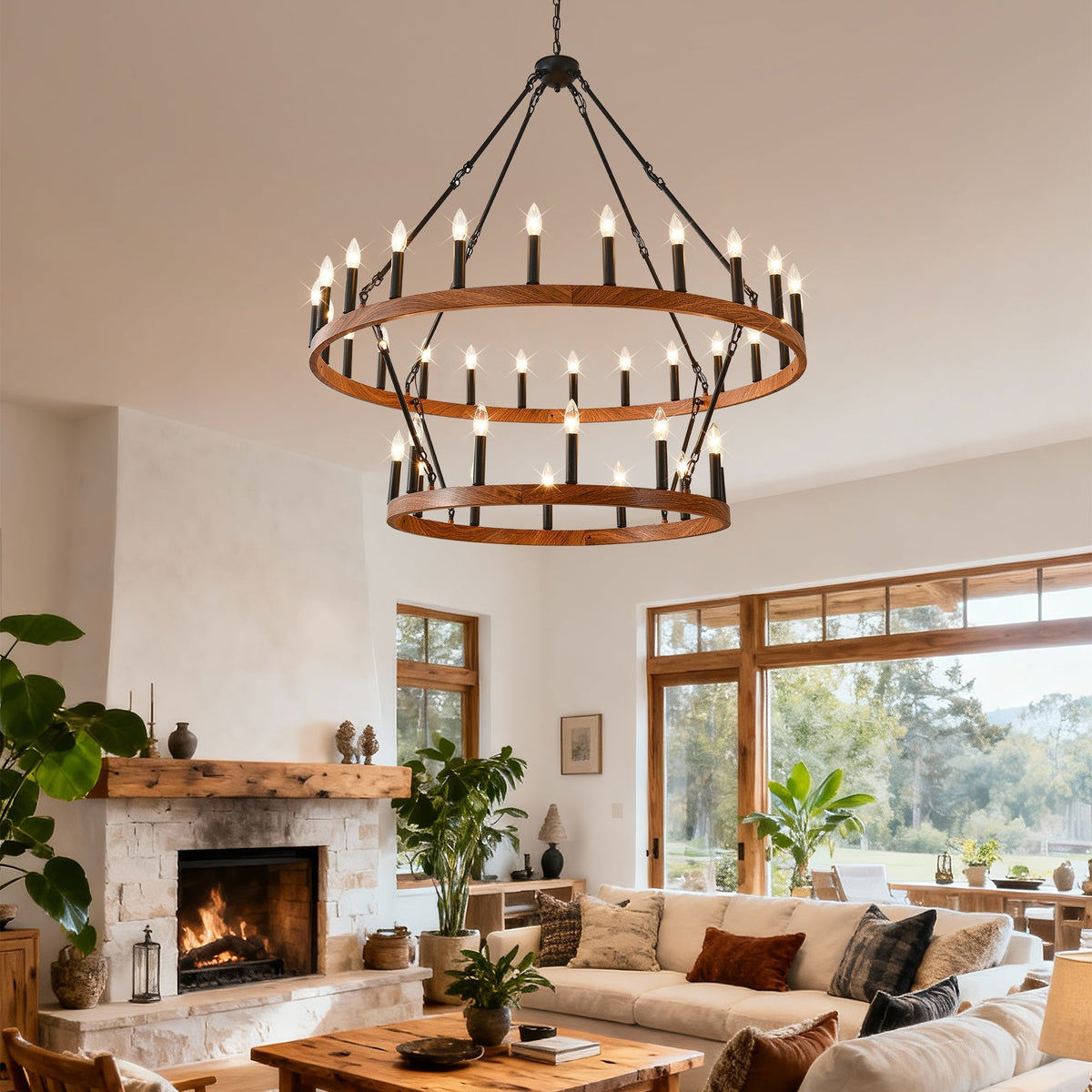 47.24 Inch Large Wagon Wheel Chandelier with 36 Lights - Wood Grain Finish