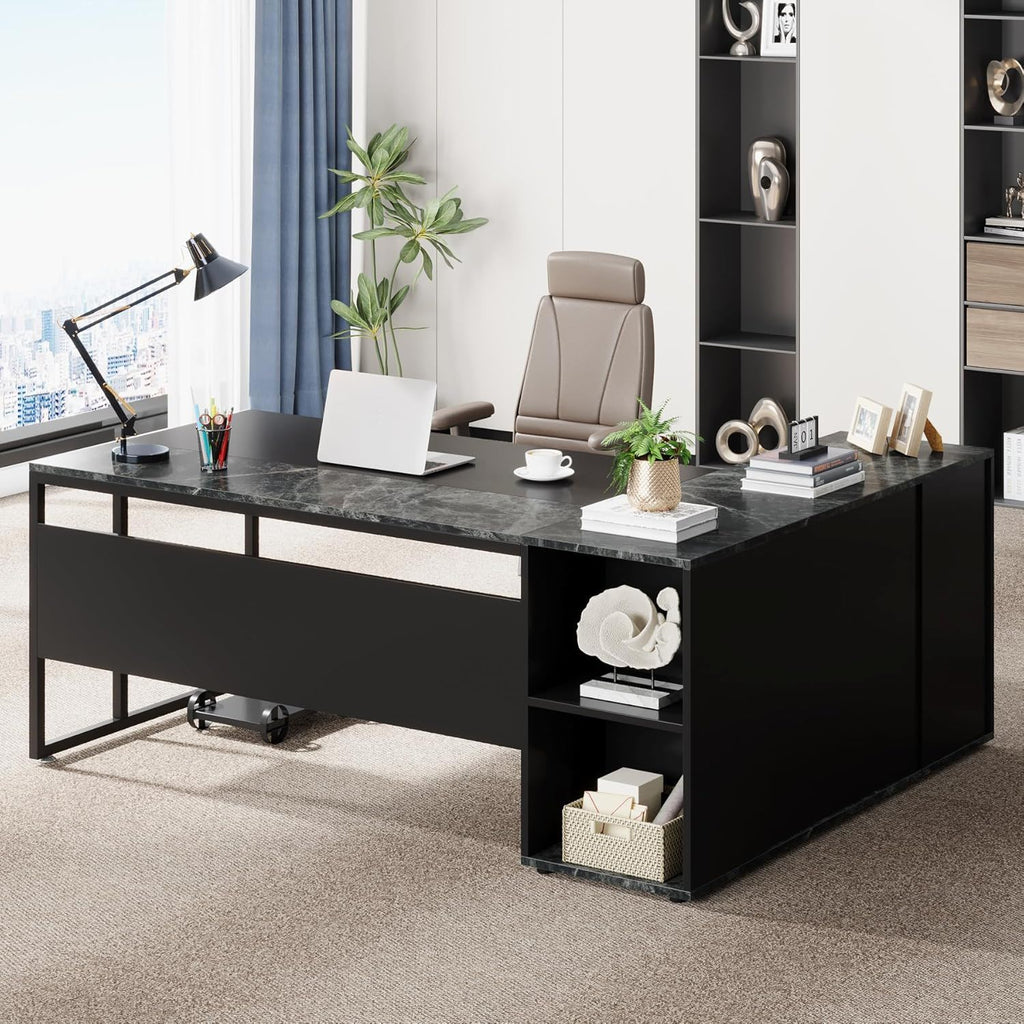L-Shaped Executive Desk with Cabinet Storage - Dark Gray or Black