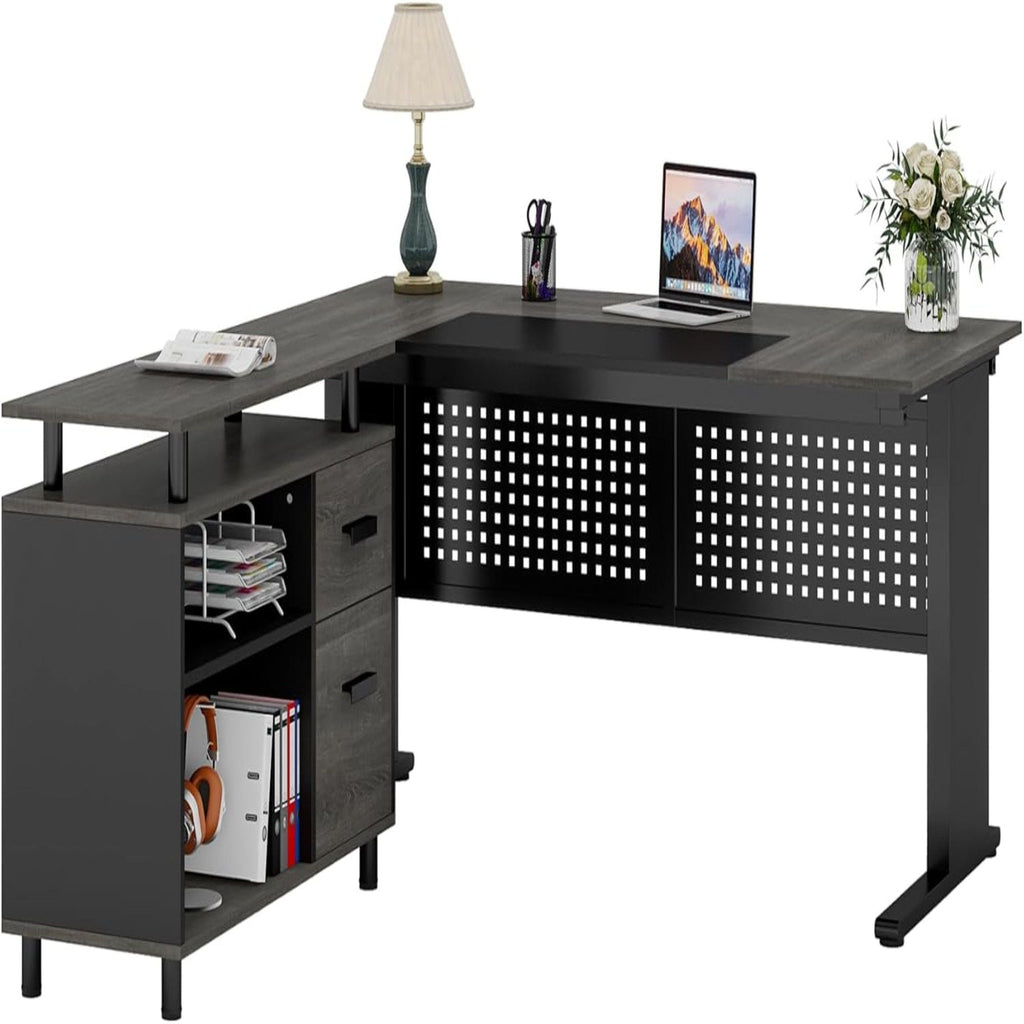 L-Shaped Executive Desk with File Cabinet and Storage Drawers - Light Brown or Dark Gray