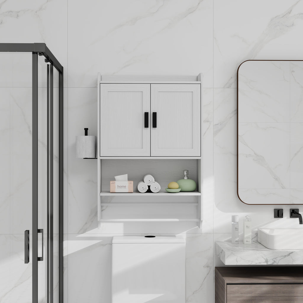 Bathroom Wall Cabinet with Adjustable Shelf and Towel Bar - White