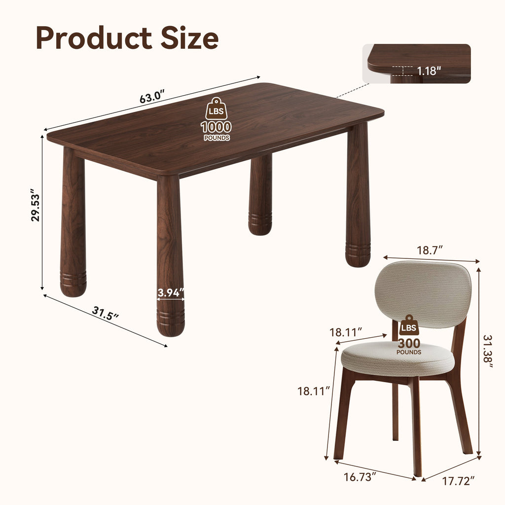 63-Inch Walnut-Finish Dining Set with 4 Upholstered Chairs