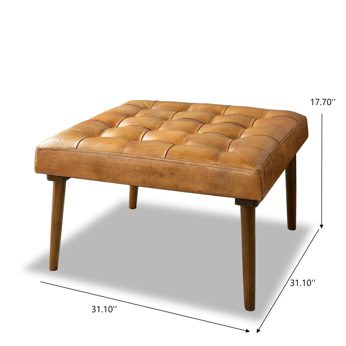 Tufted Square Genuine Upholstered Ottoman with High-Density Foam - Light Brown