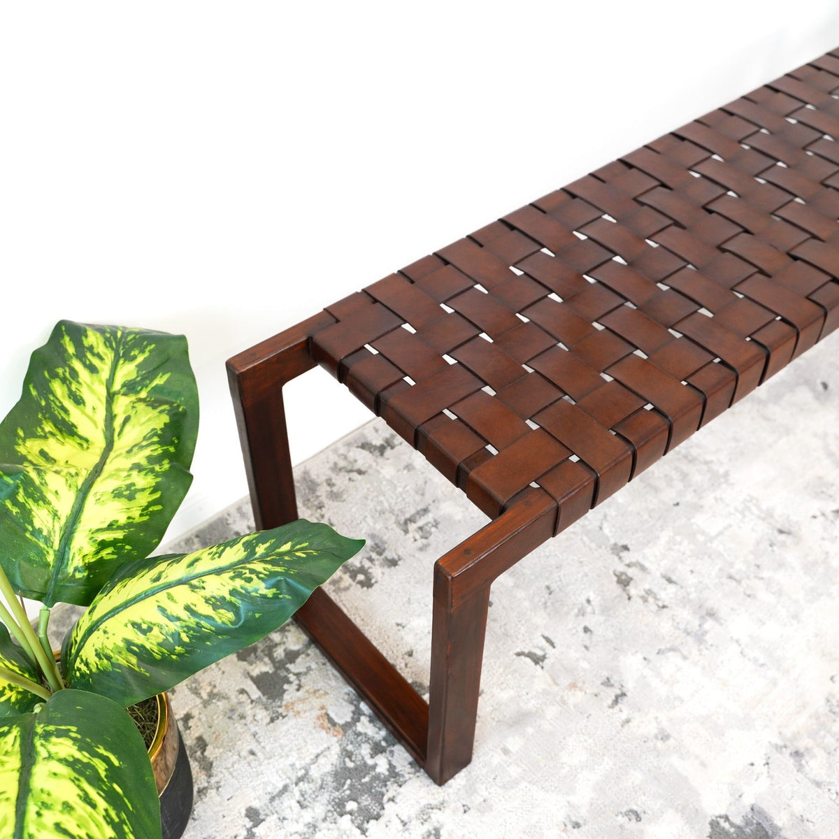 Cognac Brown Upholstered Bench with Genuine Leather Seat - Mid-Century Modern