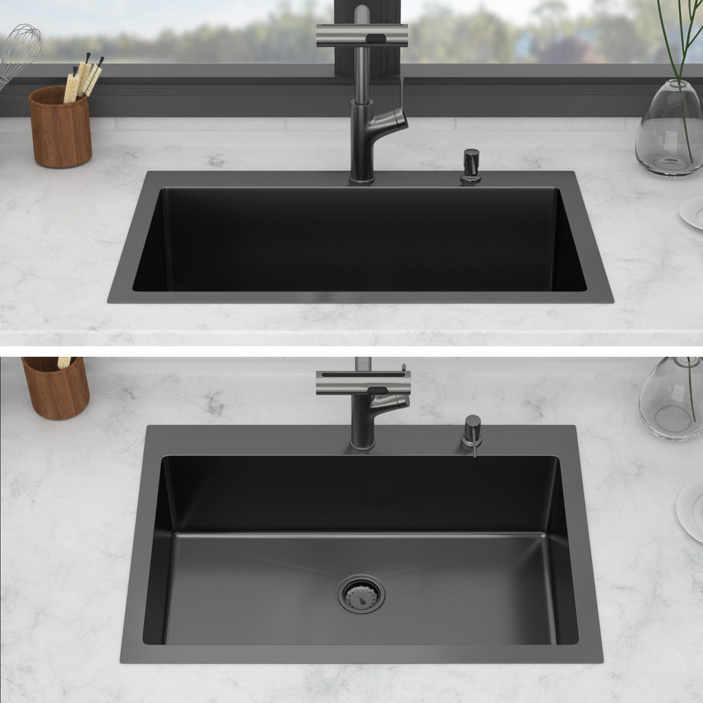 Stainless Steel Drop-In Kitchen Sink with Multi-Function Faucet - Black
