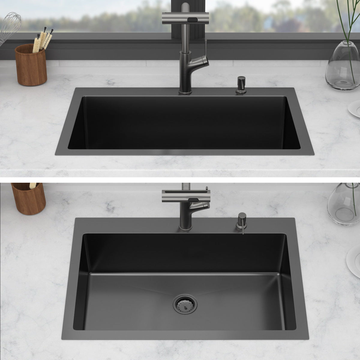 Stainless Steel Drop-In Kitchen Sink with Multi-Function Faucet - Black