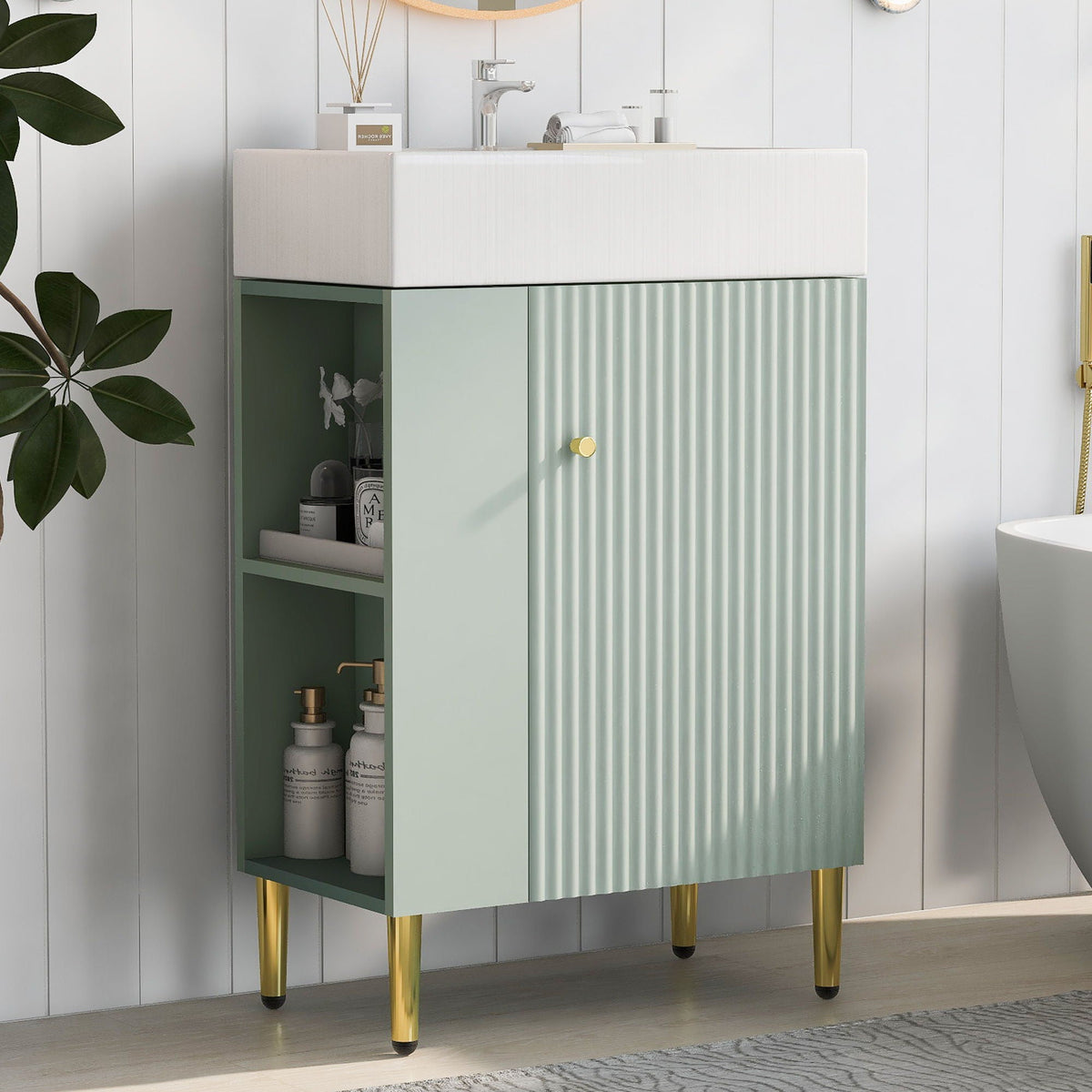 Bathroom Vanity with Single Ceramic Sink and Side Storage - Multiple Colors