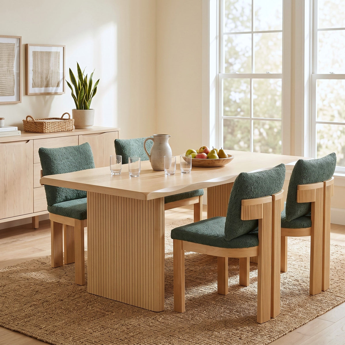 5-Piece Indoor Dining Set with Fluted Wood Table - Green Boucle