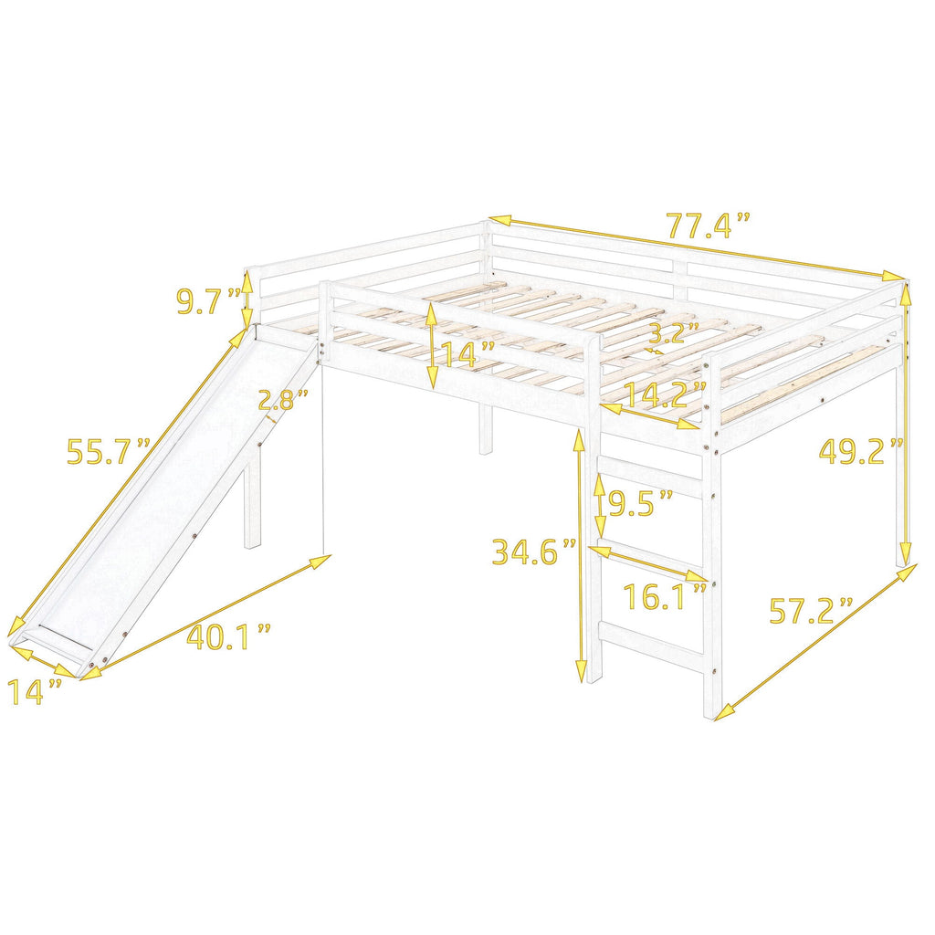 White Full Loft Bed with Slide - Multifunctional Design