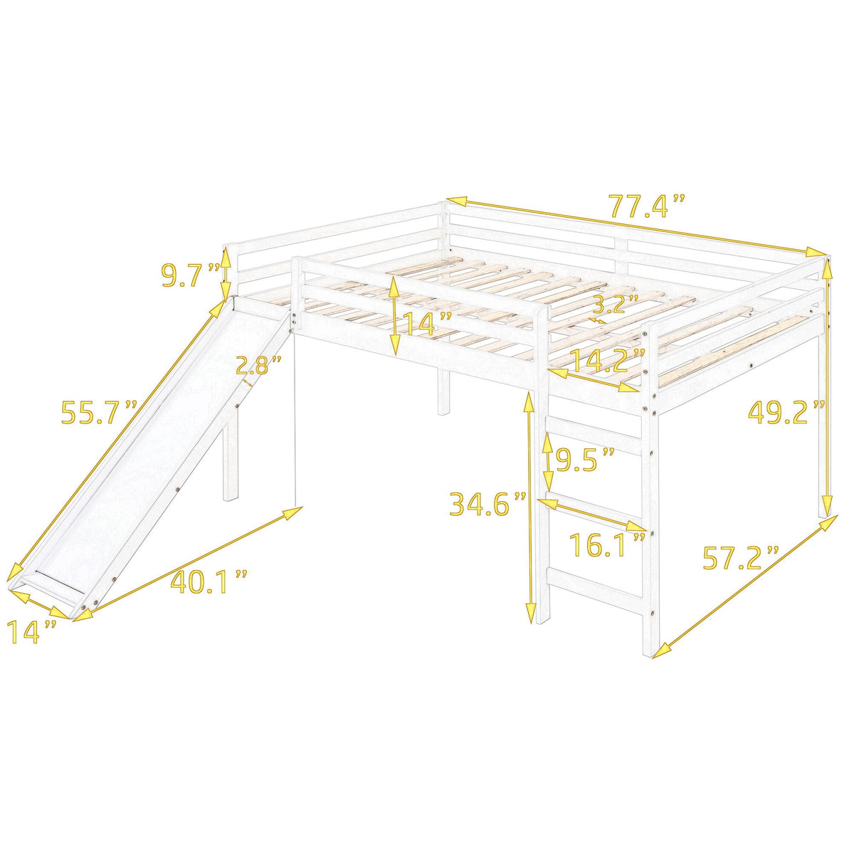 White Full Loft Bed with Slide - Multifunctional Design
