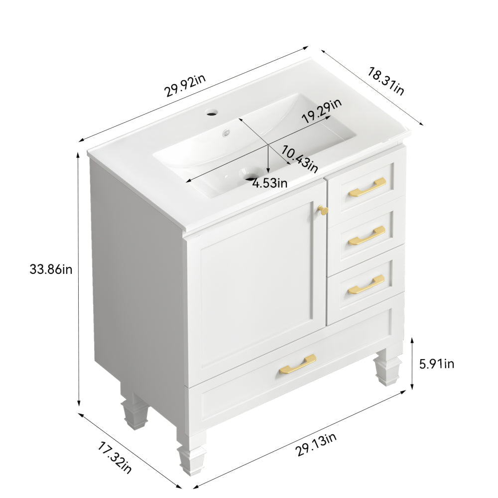 30" White Bathroom Vanity with Soft Close Doors and Ample Storage - White