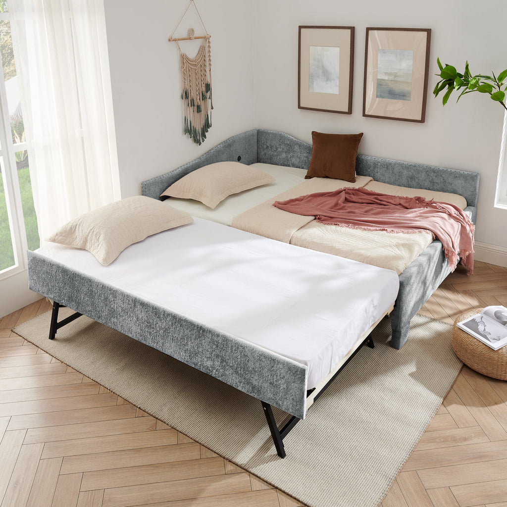 Full Size Curved Chenille Daybed with Trundle and USB Port