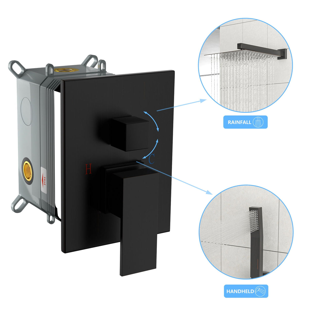 Square Shower System with Waterfall Tub Spout and Valve - Black