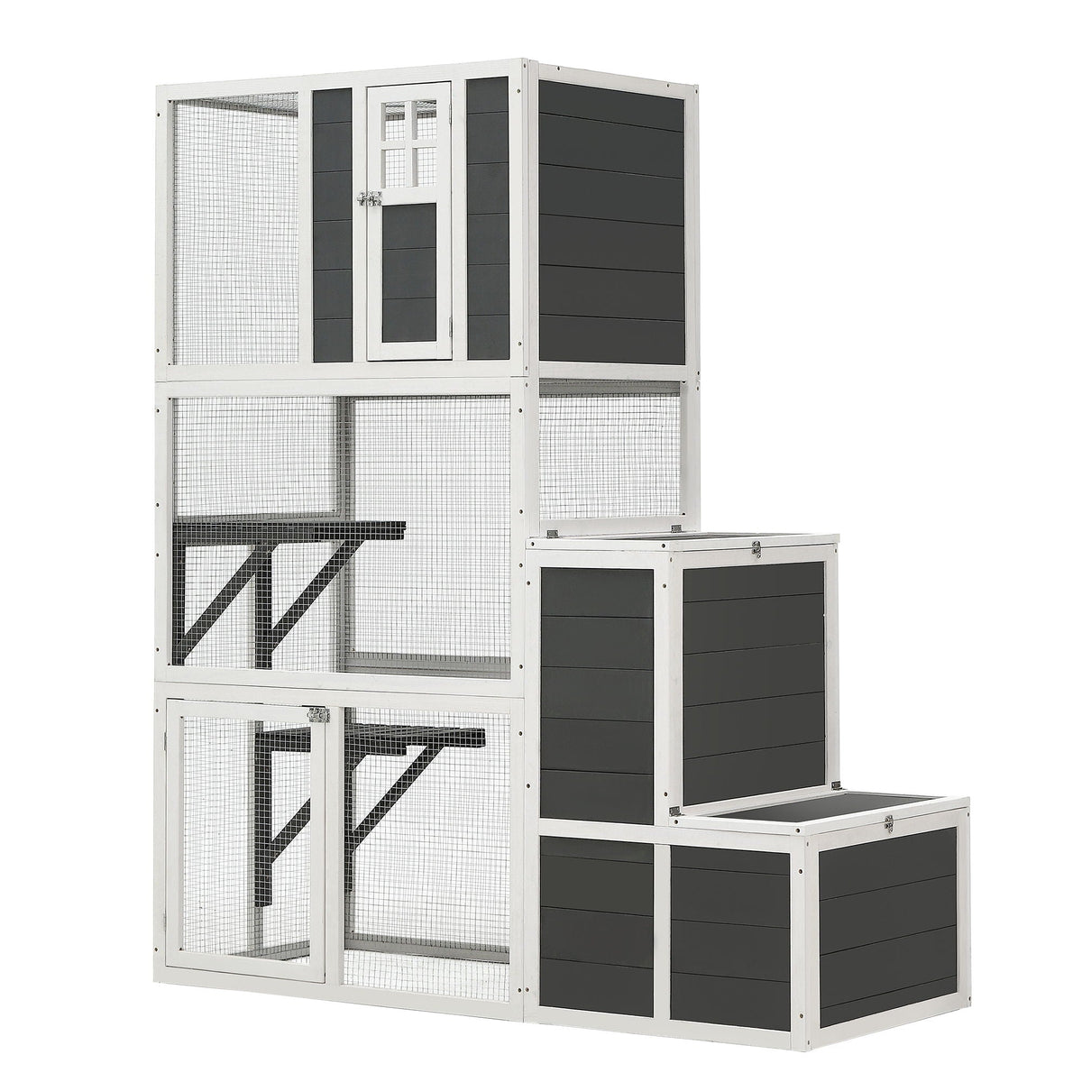 3 Tier Wooden Cat House with Platforms and Jump Box - Gray
