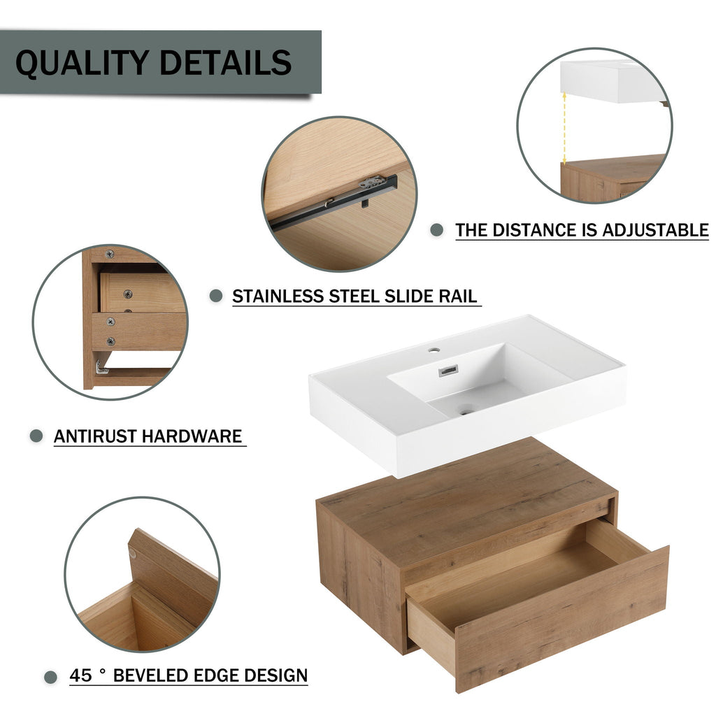 Wall Mounted Bathroom Vanity with Resin Sink and Soft Close Drawer - Imitative Oak