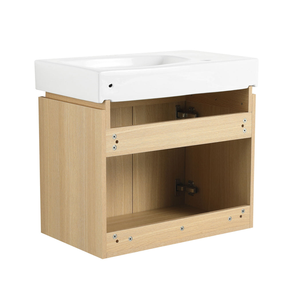Modern Bathroom Vanity with Ceramic Basin and Storage Cabinet - Light Brown, Black, or White