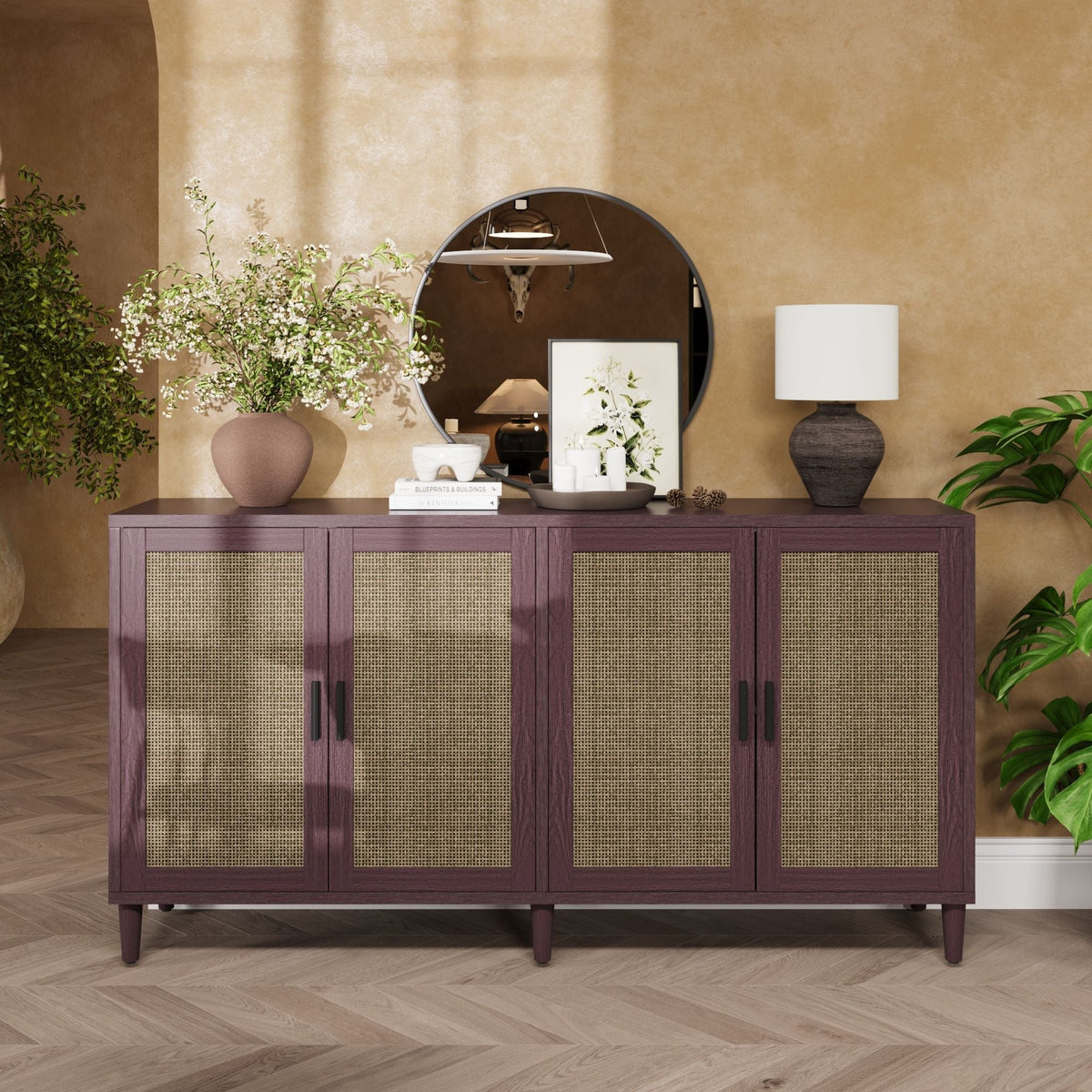 Buffet Cabinet with Adjustable Shelves and Rattan Doors - Light or Dark Brown