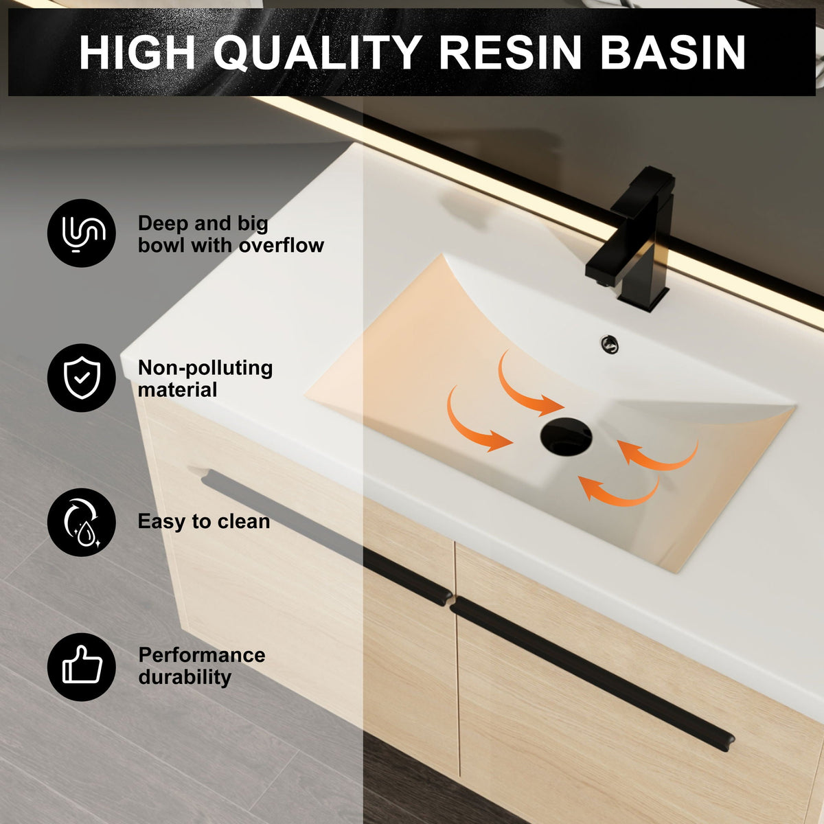 Bathroom Vanity Set with Resin Countertop Sink and 2 Doors - Light Brown Oak