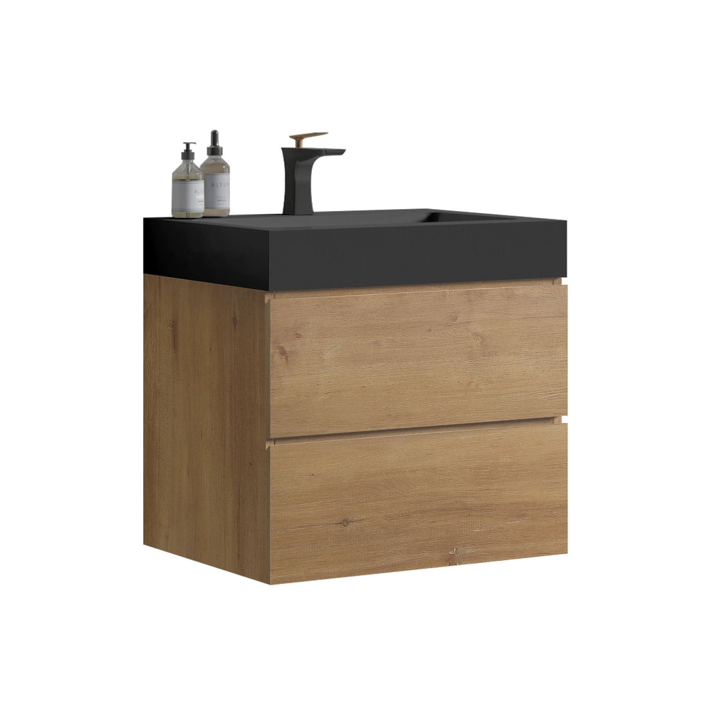 Natural Oak Bathroom Vanity with Floating Quartz Sink - Light Brown