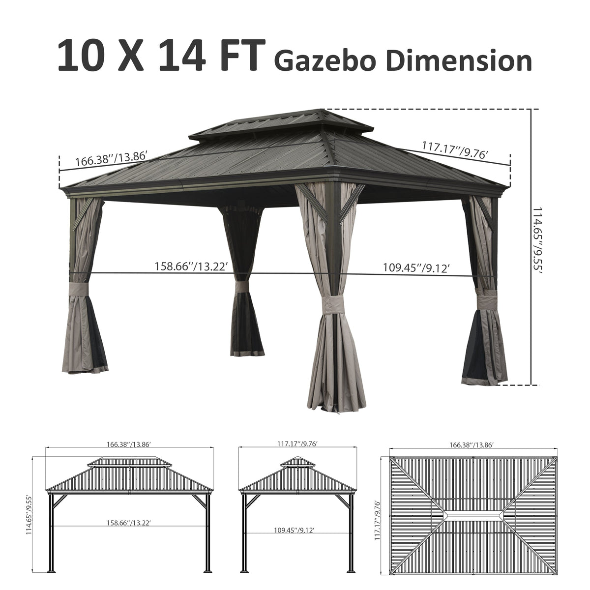 10' X 14' Hardtop Gazebo with Galvanized Steel Roof - Gray