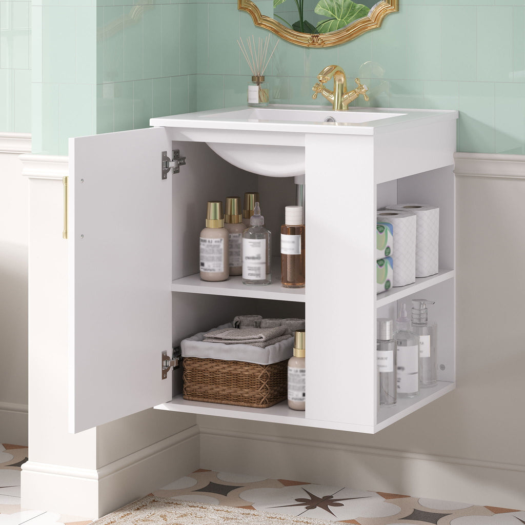 Wall Mounted Bathroom Cabinet with Side Shelf and Sink - White