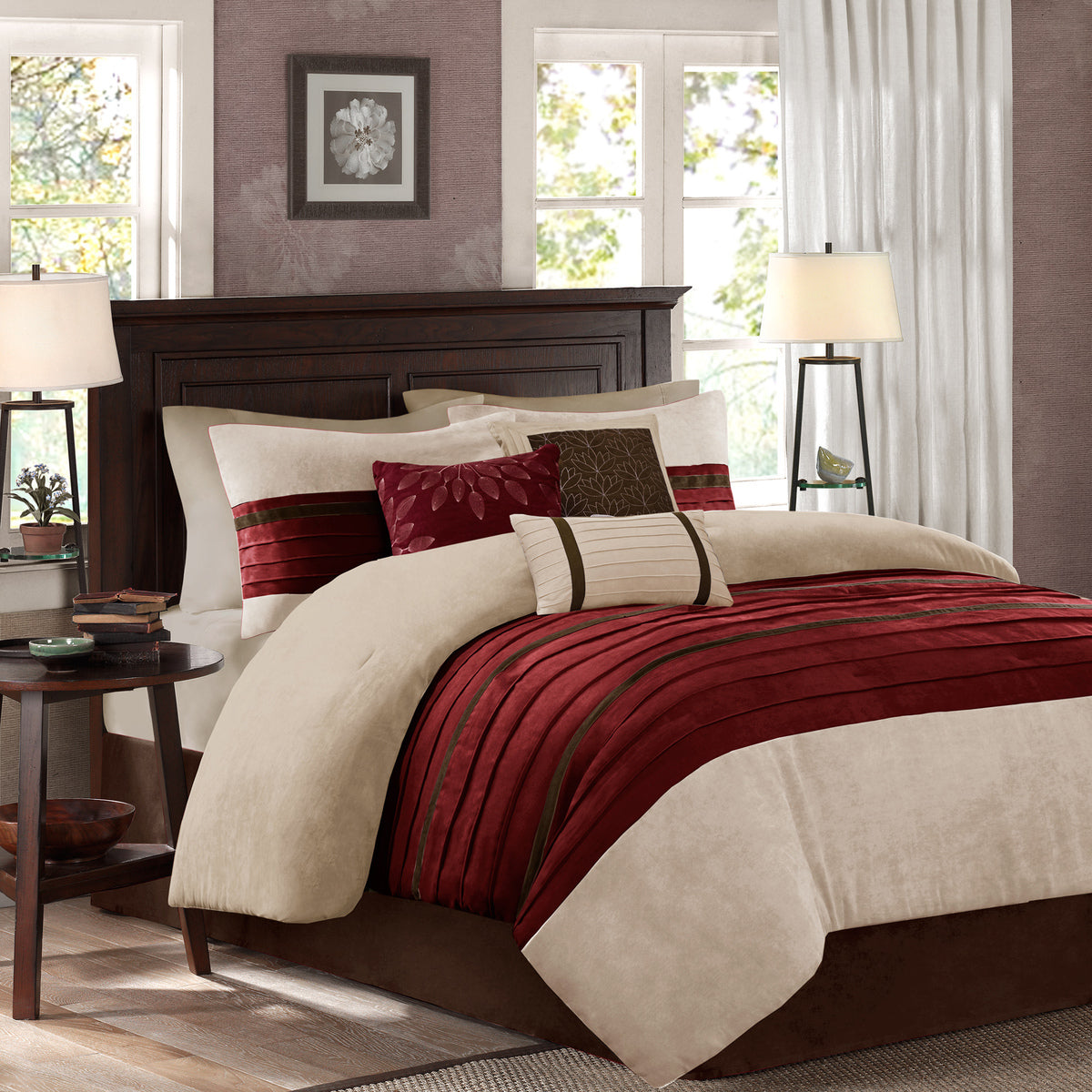7-Piece Faux Suede Comforter Set with Embroidered Pillows - Red