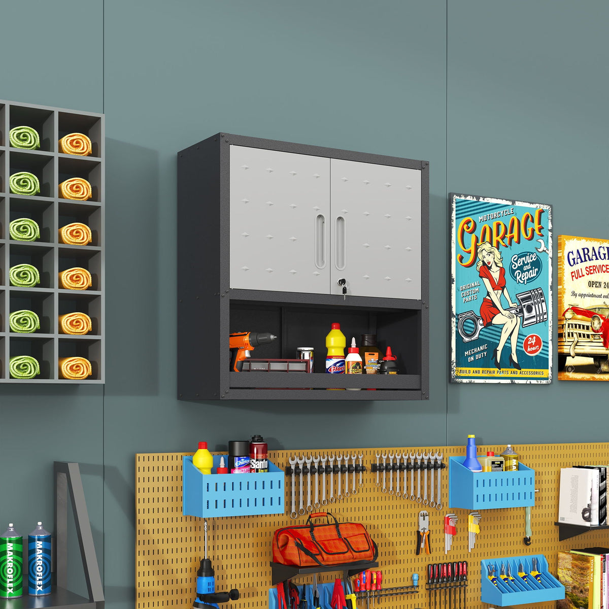 Metal Wall Mounted Tool Storage Cabinet with Locking Door - Gray