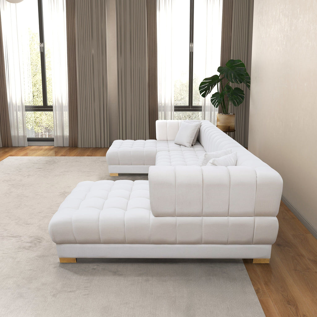 U Shape Corner Sofa with Solid Wood Frame and Plush Cushions - Beige