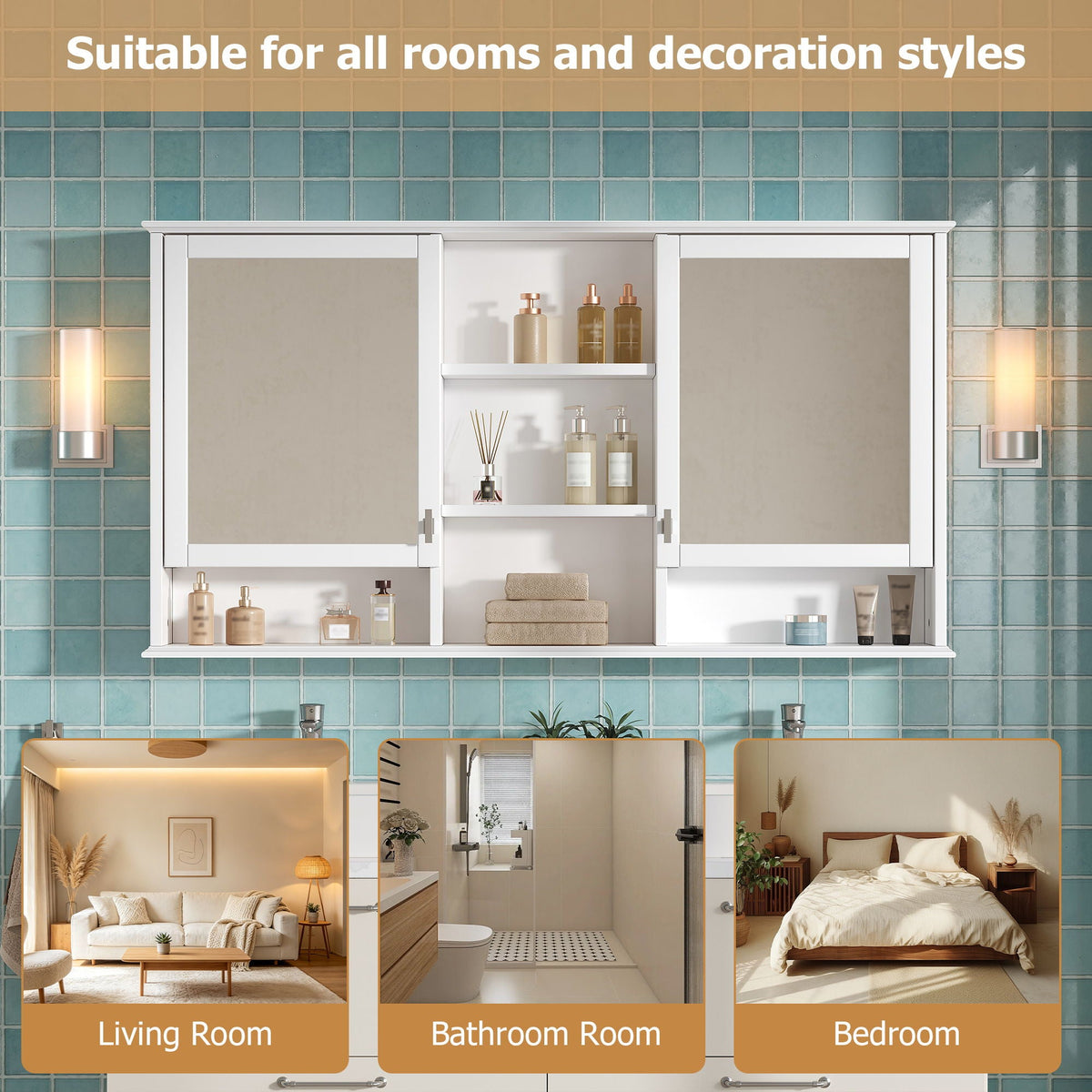 Wall Mount Mirror Cabinet with Adjustable Shelves - White