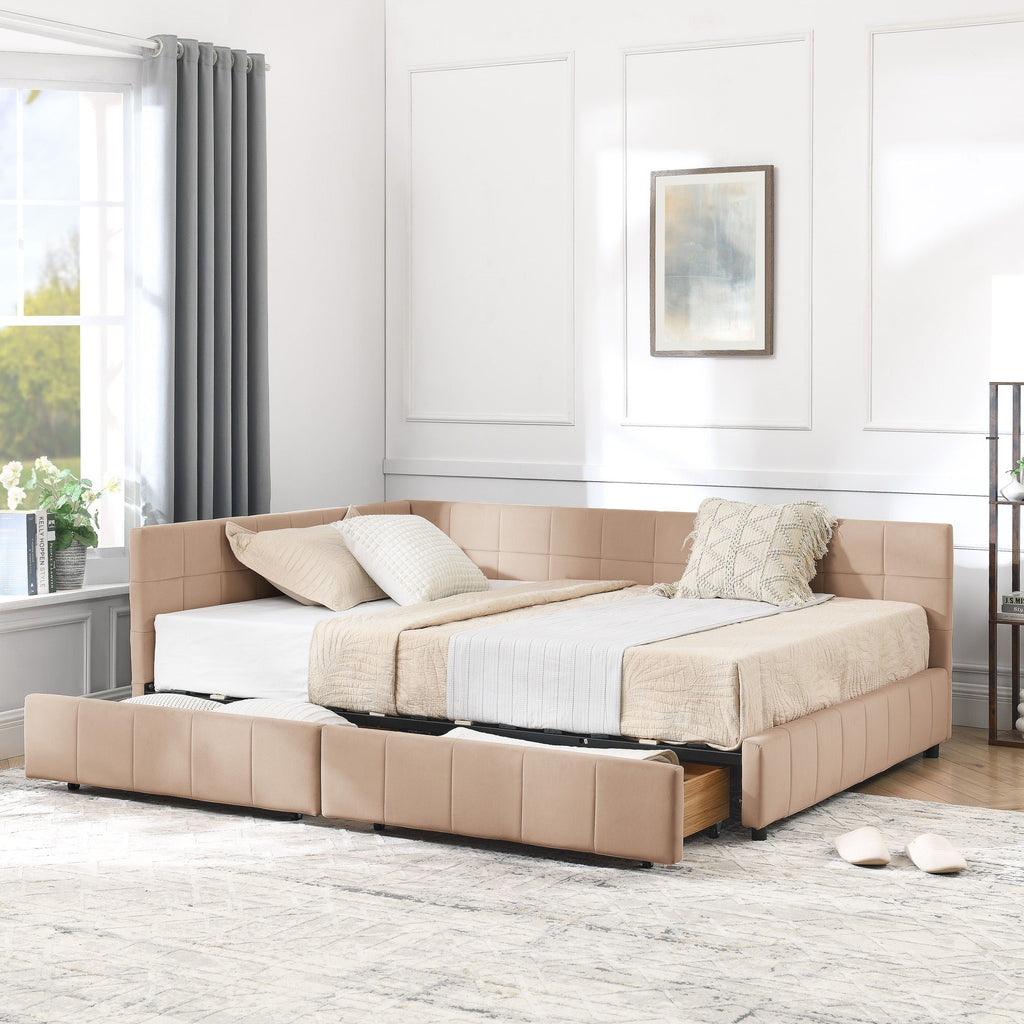 Mid-Century Storage Upholstered Tufted Bed Frame with Backrest and Armrests - Multiple Colors