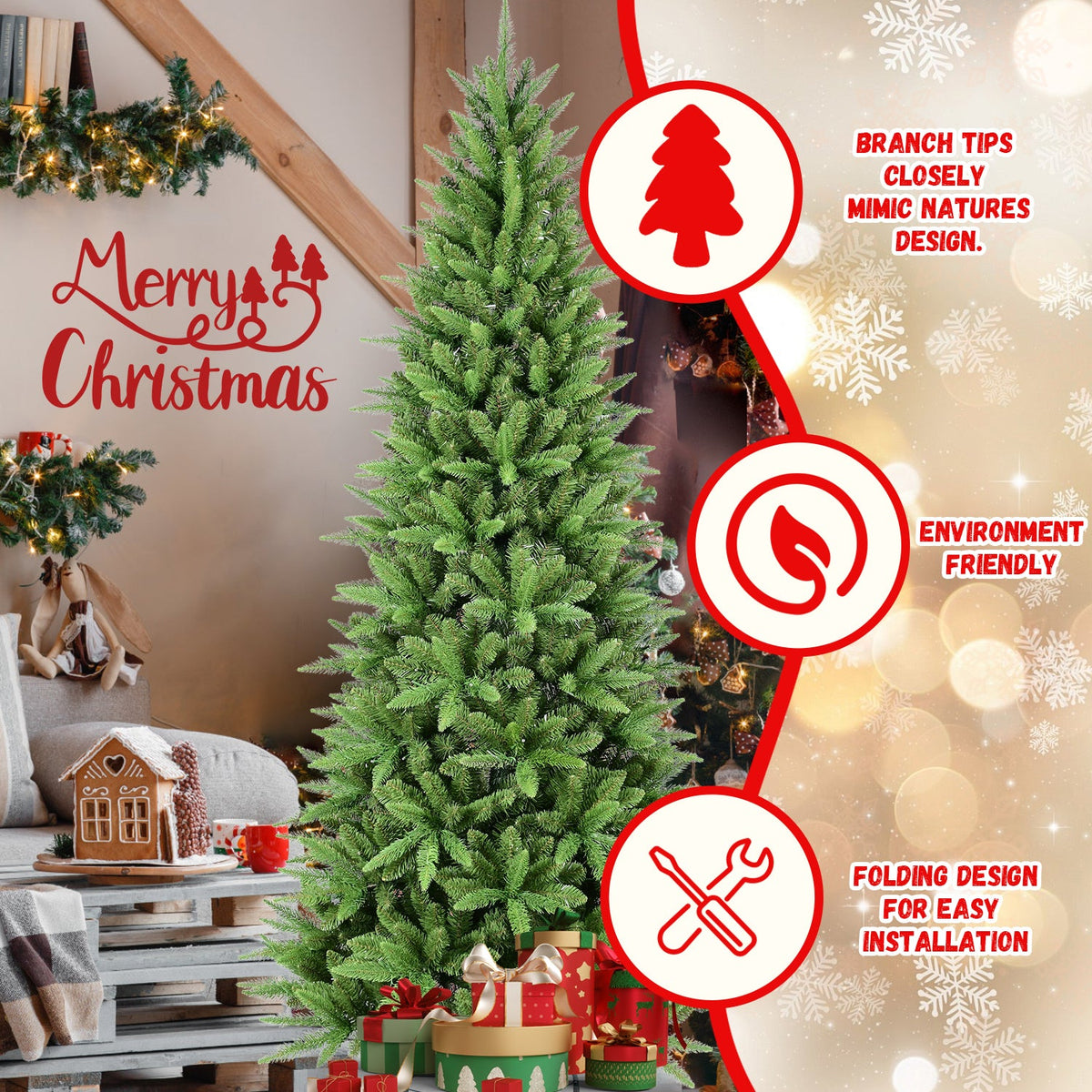 6FT Slim Christmas Tree with Hinged Branches - Green