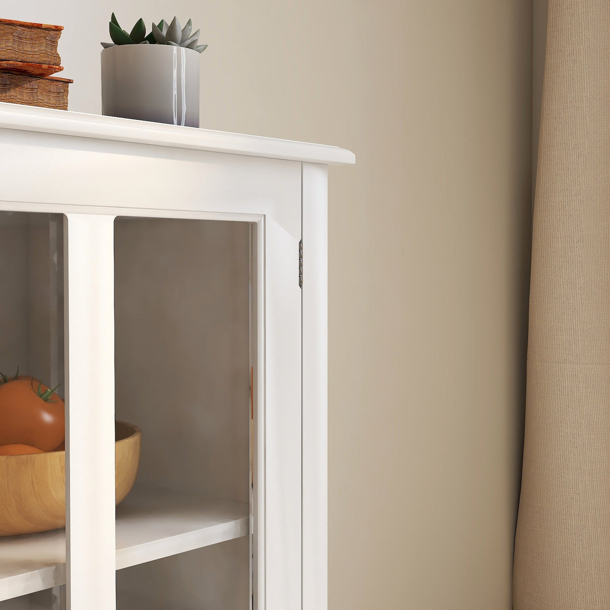 Buffet Storage Cabinet with Double Glass Doors and Bell Handle - White