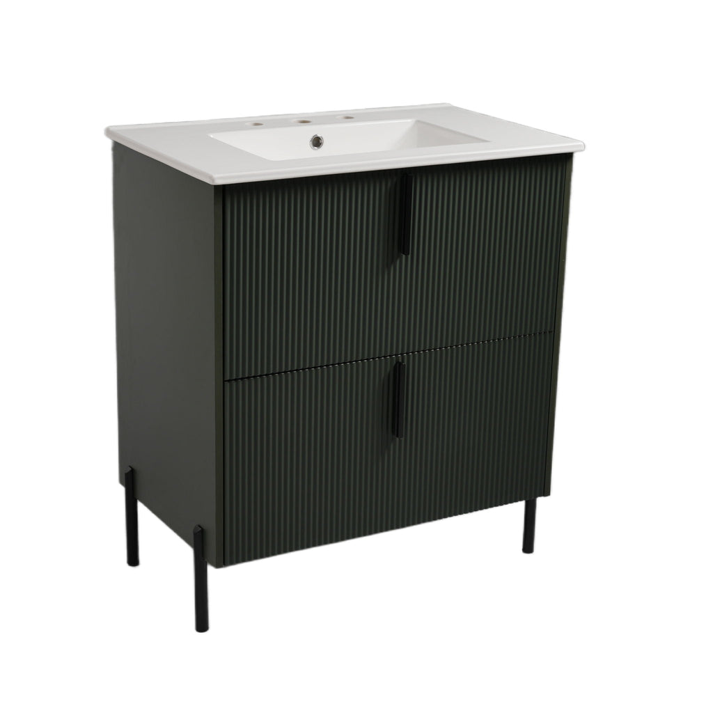 Bathroom Vanity With Ceramic Sink and Fluted Design - Dark Green, White, Light Brown