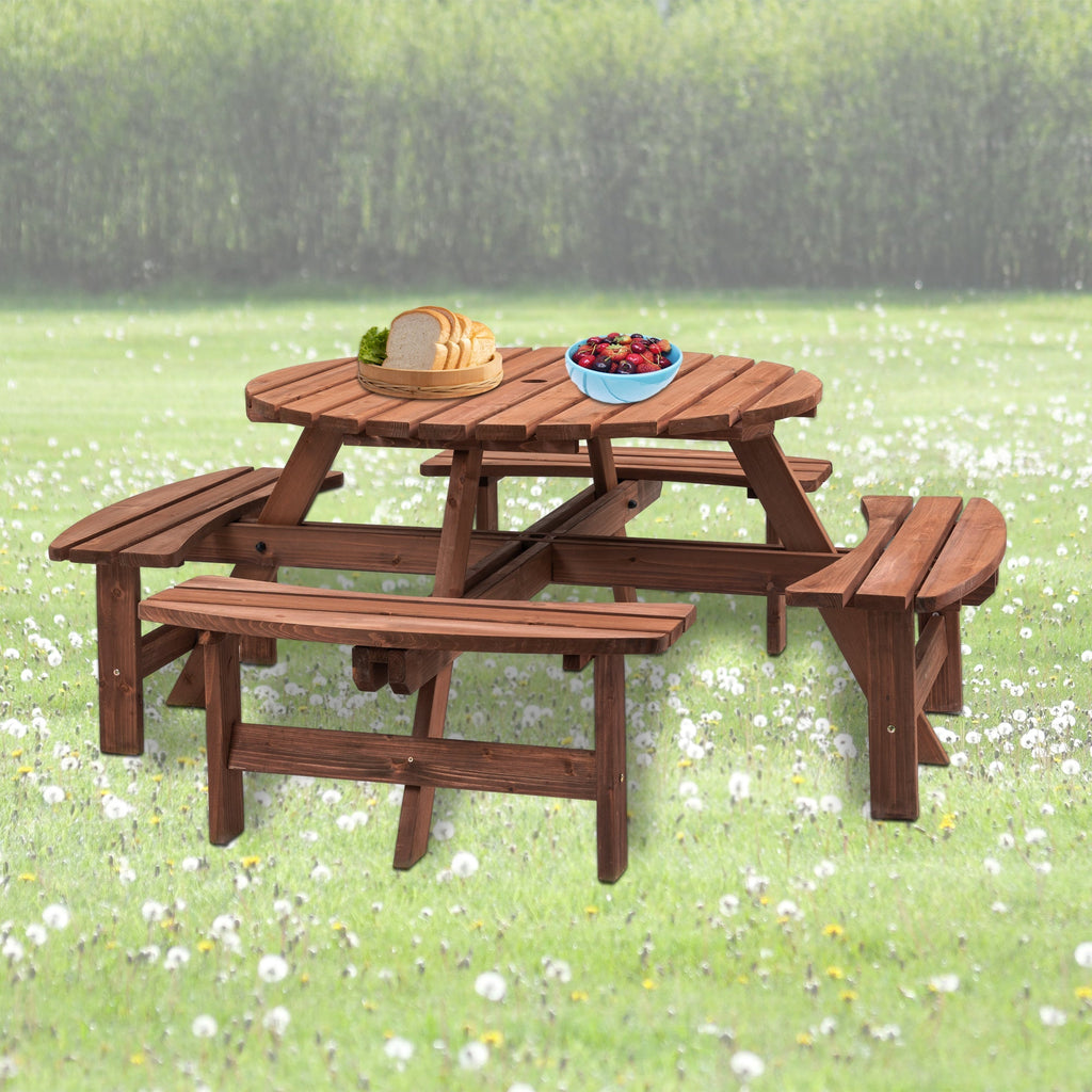 8 Person Wooden Picnic Table with Umbrella Hole - Brown