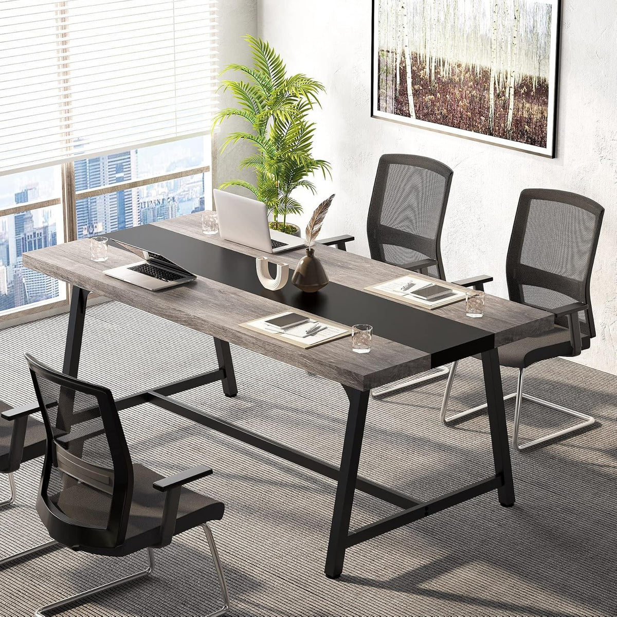 Modern Rectangular Conference Table for 6-8 People with Durable Frame - Dark Gray or Dark Brown